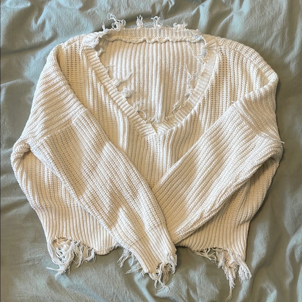 Cozy Cream V-Neck Frayed Trim Sweater